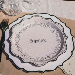 8 assiettes "Baptême" en carton - Diamètre 23 cm - Collection Baptême Effet Lin et Or