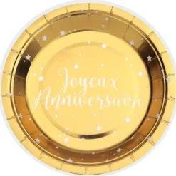 10 assiettes dorées "Joyeux Anniversaire" en carton - Diamètre 17,5 cm
