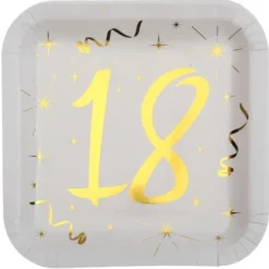 10 Assiettes en Carton Anniversaire - Blanc et Or - 18 ans