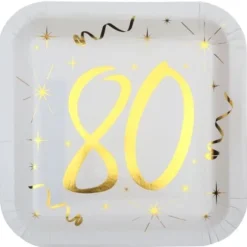 10 Assiettes en Carton Anniversaire - Blanc et Or - 80 ans
