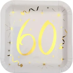 10 Assiettes en Carton Anniversaire - Blanc et Or - 60 ans