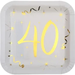 10 Assiettes en Carton Anniversaire - Blanc et Or - 40 ans
