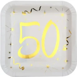 10 Assiettes en Carton Anniversaire - Blanc et Or - 50 ans