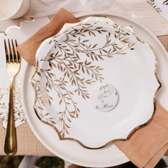 8 Assiettes en carton - Collection Jolis Brins - Blanc et Or