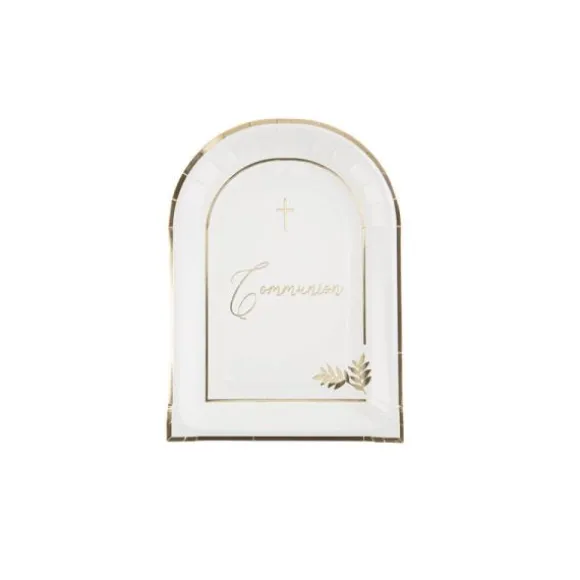 8 Assiettes en carton - Collection Communion Pureté Blanc et Or
