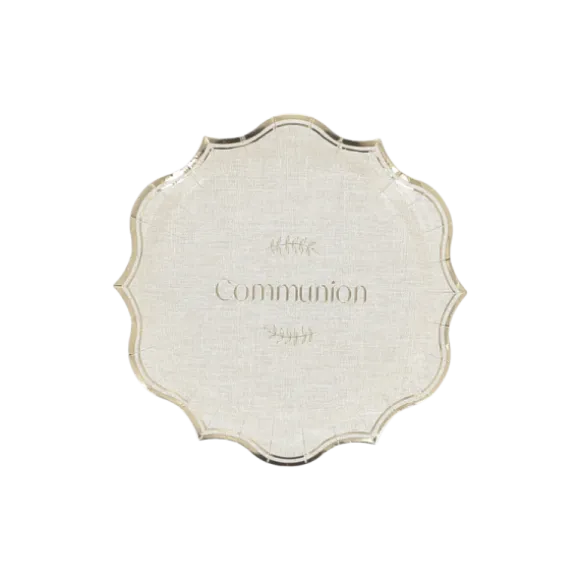 8 assiettes en carton "Communion" - Diamètre 18 cm - Collection Communion Effet Lin et Or