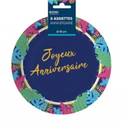 8 assiettes en carton "Joyeux Anniversaire" - Diamètre 18 cm - Collection Tropical