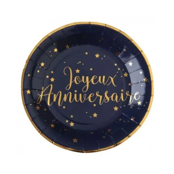 10 Assiettes "Joyeux Anniversaire" Bleu Marine Métallisé