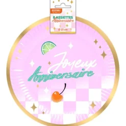 8 assiettes "Joyeux Anniversaire" en carton - Diamètre 23 cm - Collection Retro Pop