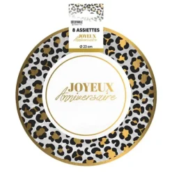 8 assiettes "Joyeux Anniversaire" en carton - Diamètre 23 cm - Collection Léopard