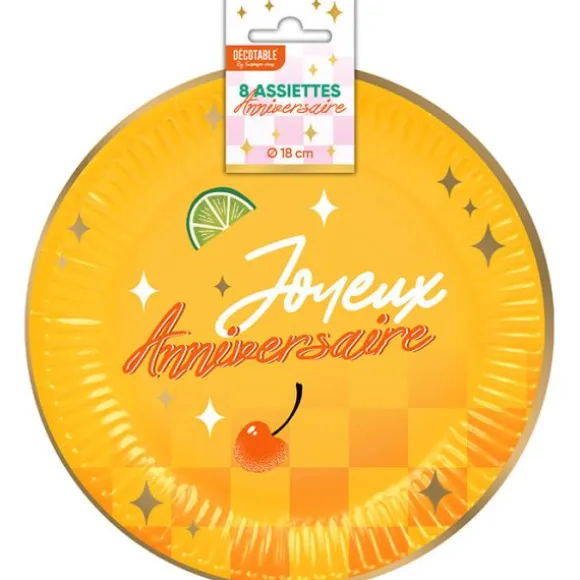 8 assiettes "Joyeux Anniversaire" en carton - Diamètre 18 cm - Collection Retro Pop