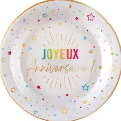 6 assiettes "Joyeux Anniversaire" en carton - Diamètre 22,5 cm - Collection Festicolor - Couleur au choix