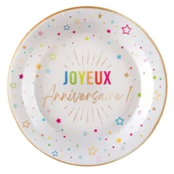 6 assiettes "Joyeux Anniversaire" en carton - Diamètre 17,5 cm - Collection Festicolor - Couleur au choix