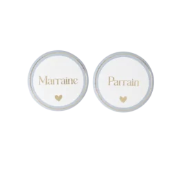 2 badges "Parrain / Marraine" - Diamètre 5 cm - Collection Baptême Blanc et Or - Couleur au choix