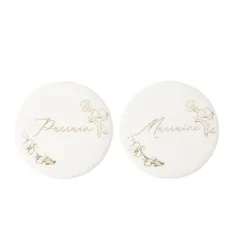 2 badges "Parrain / Marraine" FSC® - Diamètre 5 cm - Collection Baptême Crème et Or
