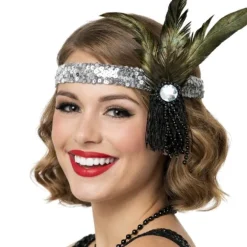 Bandeau argenté Charleston avec plumes et perles