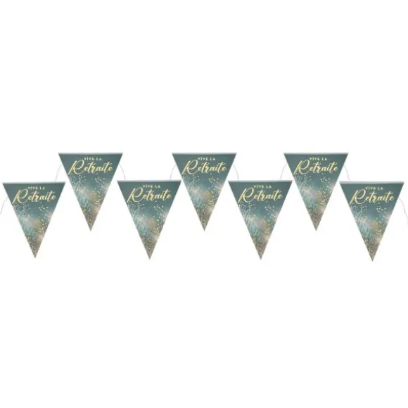 Banderole de 7 fanions "Vive la Retraite" en carton - 3 m - Collection Retraite Dorée - Couleur au choix