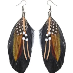 Boucles d'oreilles avec plumes et perles d'Indienne