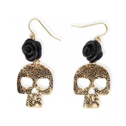 Boucles d'Oreilles - Crâne doré et rose noire