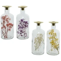 Bougeoir en verre avec fleurs séchées en décor - 24 cm - Couleur au choix