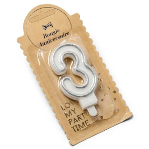 Bougie d'Anniversaire Chiffre 3 - Pailletée Argent