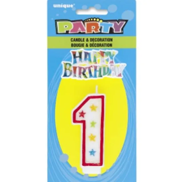 Bougie d'Anniversaire Chiffre 1 - Blanc et Rouge à étoiles avec décor