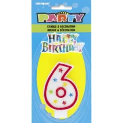 Bougie d'Anniversaire Chiffre 6 - Blanc et Rouge à étoiles avec décor