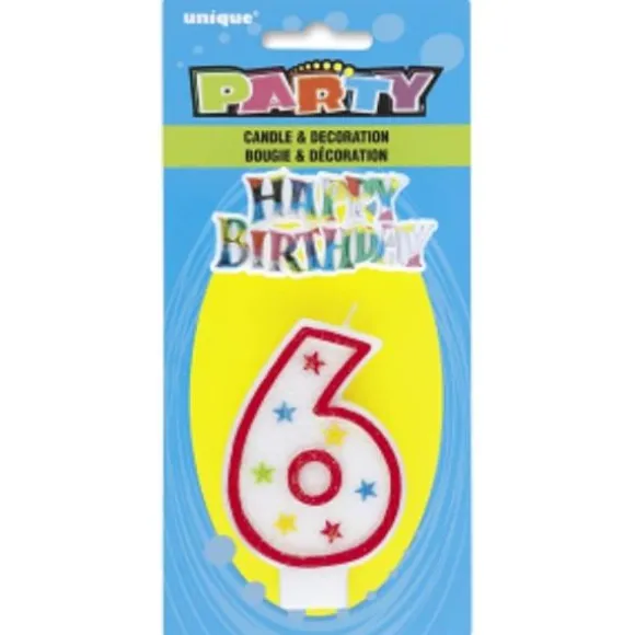 Bougie d'Anniversaire Chiffre 6 - Blanc et Rouge à étoiles avec décor