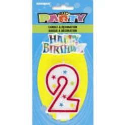 Bougie d'Anniversaire Chiffre 2 - Blanc et Rouge à étoiles avec décor