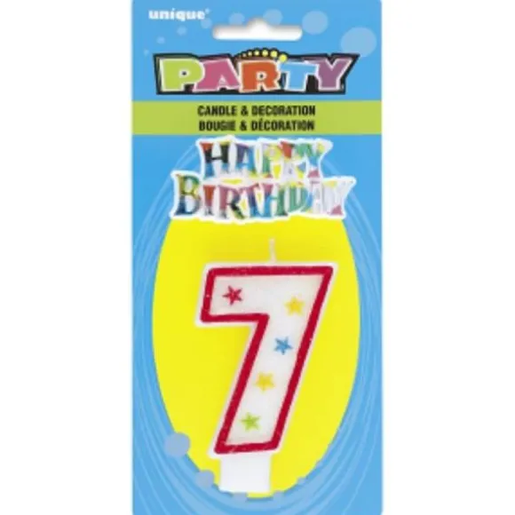 Bougie d'Anniversaire Chiffre 7 - Blanc et Rouge à étoiles avec décor