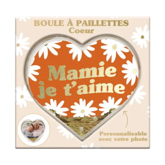 Boule à paillettes en forme de cœur "Mamie je t'aime" - Collection Mamie d'Amour