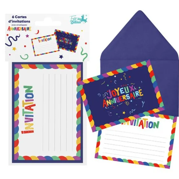 6 cartes d'invitation "Joyeux Anniversaire" en carton avec enveloppes - Collection Récréation Multicolore