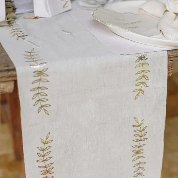 Chemin de table avec rameaux d'olivier en tissu - 28 cm x 5 m - Collection Communion Effet Lin et Or