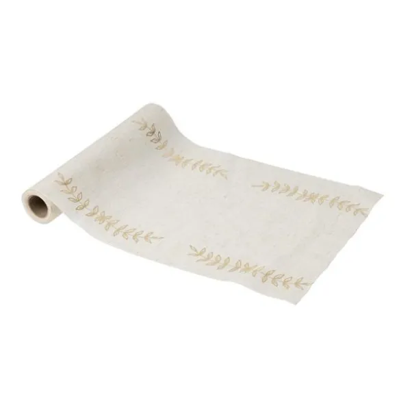Chemin de table avec rameaux d'olivier en tissu - 28 cm x 5 m - Collection Communion Effet Lin et Or