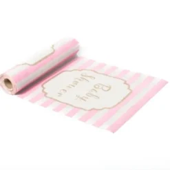 Chemin de Table Baby Shower en Lin Rayé - Rose, Blanc et Or