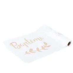 Chemin de Table « Baptême » en Organza – Blanc et Paillettes Dorées