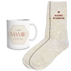 Coffret Cadeau Affectif Mug et Chaussettes à paillettes - Mamie - Collection Mamie d'Amour