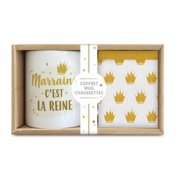 Coffret Cadeau Mug et Chaussettes - Marraine c'est la reine