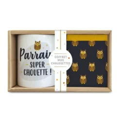 Coffret Cadeau Mug et Chaussettes - Parrain super chouette