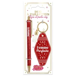 Coffret Duo à paillettes humoristique - Stylo et porte-clés motel - Collection Girls Club - Modèle au choix