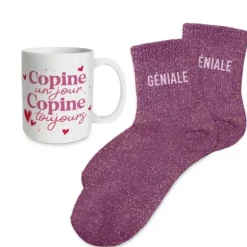 Coffret Mug à paillettes "Copine un jour, copine toujours" et Chaussettes à paillettes "Géniale" pour femme - Collection Famille d'Amour