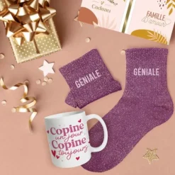 Coffret Mug à paillettes "Copine un jour, copine toujours" et Chaussettes à paillettes "Géniale" pour femme - Collection Famille d'Amour