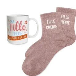 Coffret Mug à paillettes et Chaussettes à paillettes "Fille Chérie" pour femme - Collection Famille d'Amour