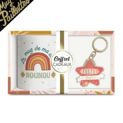 Coffret Mug à paillettes "Le mug de ma super marraine" et Porte-clés "Une nounou d'enfer"