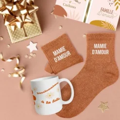 Coffret Mug à paillettes "Mamie Chérie" et Chaussettes à paillettes "Mamie d'Amour" - Collection Mamie Chérie