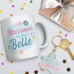 Coffret Mug à paillettes "Marraine la plus belle" et Porte-clés "Ma marraine, la bonne fée"