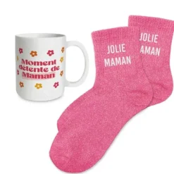 Coffret Mug à paillettes "Moment détente de Maman" et Chaussettes à paillettes "Jolie Maman" - Collection Maman d'Amour