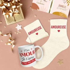 Coffret Mug à paillettes "Mon Amour" et Chaussettes à paillettes "Amoureuse" pour femme - Collection Famille d'Amour