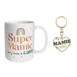 Coffret Mug à paillettes "Super Mamie que j'aime à la folie" et Porte-clés à paillettes "Mamie Chérie"