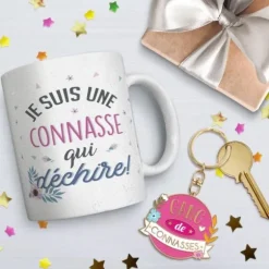 Coffret Mug à paillettes "Une connasse qui déchire" et Porte-clés "Gang de Connasses"